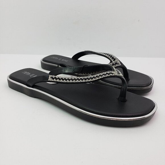 Fifth & Luxe Womens Sz 5/6 Black Silver Rhinestone Slip On Fashion Thong Sandals - Picture 1 of 10